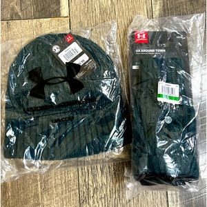 Hunter Green Under Armour winter hat and mitten/gloves.